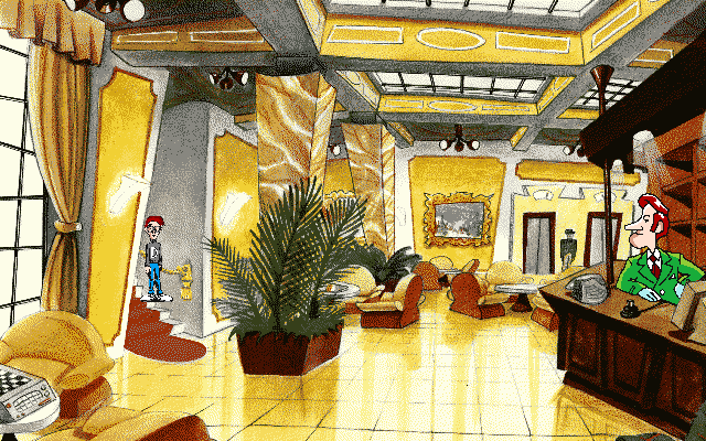 The Big Red Adventure (Amiga) screenshot: ... and walking through the hotel's lobby...