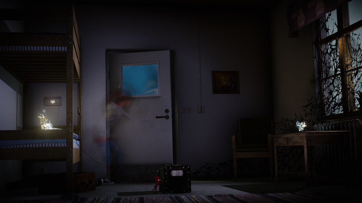 Unravel Two (Windows) screenshot: As we play we witness the story of a kid (in the background)