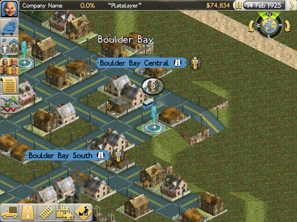 Chris Sawyer's Locomotion (iPad) screenshot: I have set up a bus line in town.
