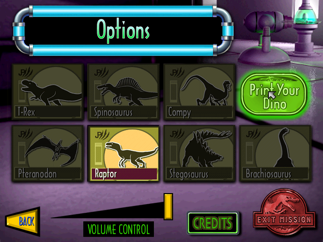 Jurassic Park III: Danger Zone! (Windows) screenshot: After winning the game, you unlock one of the dinosaurs in this menu. Now, if you have a printer, you can print a picture of that dinosaur.