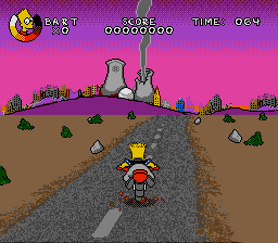 Virtual Bart (Genesis) screenshot: Riding a motorcycle in the Post-Apocalypse stage.