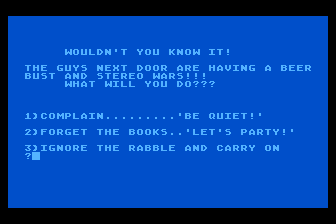 Final Exam (Atari 8-bit) screenshot: How to Deal with the Kegger?