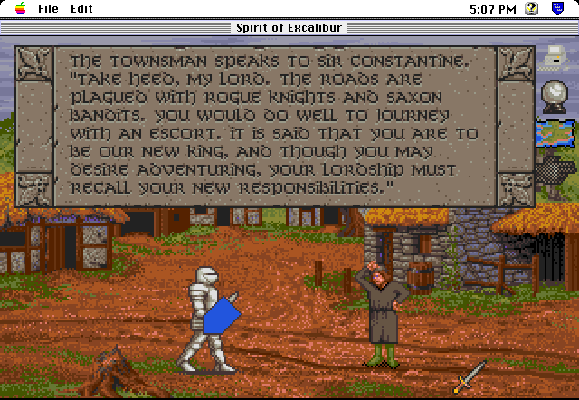 Spirit of Excalibur (Macintosh) screenshot: Encountering a townsman along the road.