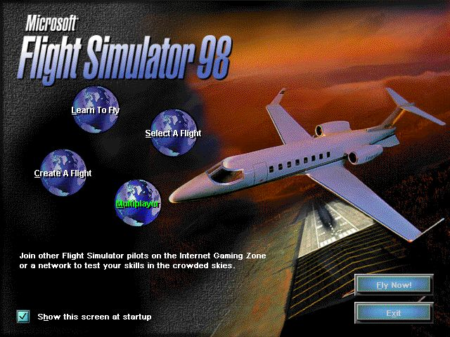Microsoft Flight Simulator 98 (Windows) screenshot: The initial screen. This is shown when the simulation first loads. It can be suppressed if required