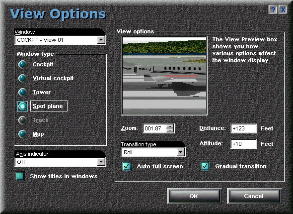Microsoft Flight Simulator 98 (Windows) screenshot: The default view is the cockpit view but this can be changed via a drop down menu option.