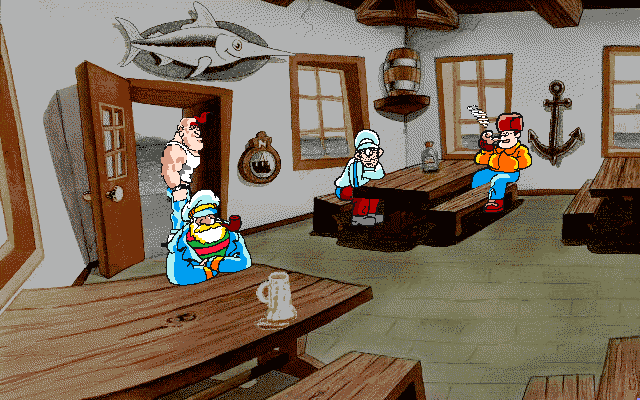 The Big Red Adventure (Amiga) screenshot: He is looking for help from old sea dog by he does not be of much help.