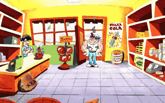 The Big Red Adventure (Amiga) screenshot: In the drugstore you may buy crucial items.