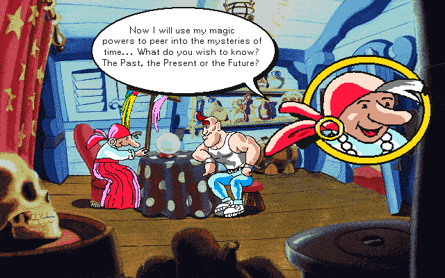 The Big Red Adventure (Amiga) screenshot: Getting along with the gypsy will have a positive outcome in the future.