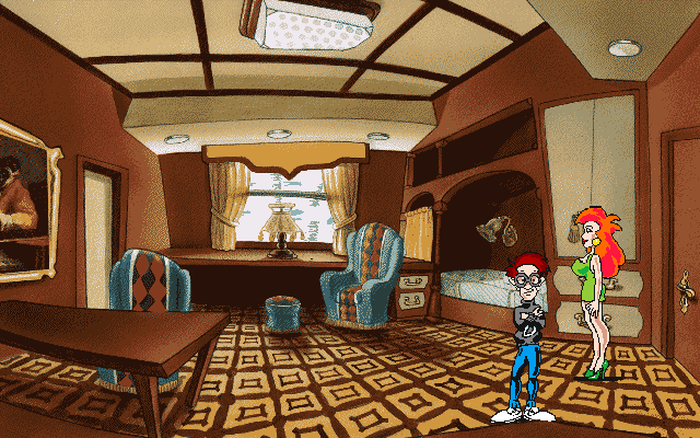 The Big Red Adventure (Amiga) screenshot: She meets Doug and he helps her to get rid of the problem.