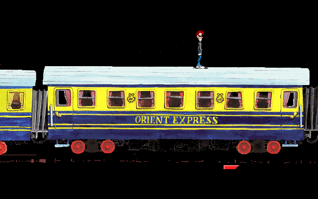 The Big Red Adventure (Amiga) screenshot: Doug finds a different route the luggage car.