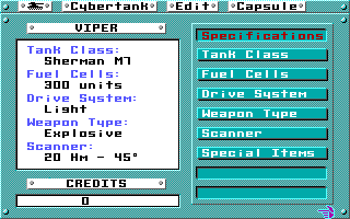 Omega (Apple IIgs) screenshot: Tank specifications.
