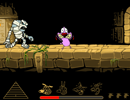 Pharaoh Phobia (Browser) screenshot: A mummy is chasing me. Courage is getting quite scared.