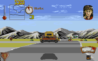 Moonshine Racers (Amiga) screenshot: Your car gets launched in the air when going over a hill.