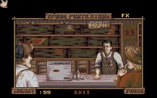 Moonshine Racers (Amiga) screenshot: Spare parts store.