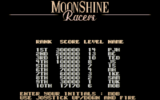 Moonshine Racers (Amiga) screenshot: High score table.