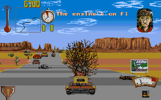 Moonshine Racers (Amiga) screenshot: The engine is on fire and I ran into a tree!