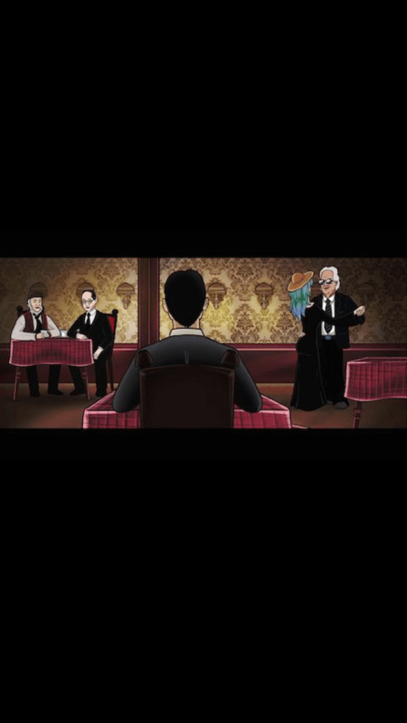 Twelve Absent Men (Android) screenshot: A cutscene which you can't watch horizontally. The man sitting with his back to us is the victim.