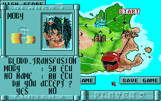 Iron Trackers (Amiga) screenshot: Paying for a blood transfusion after the rough journey.