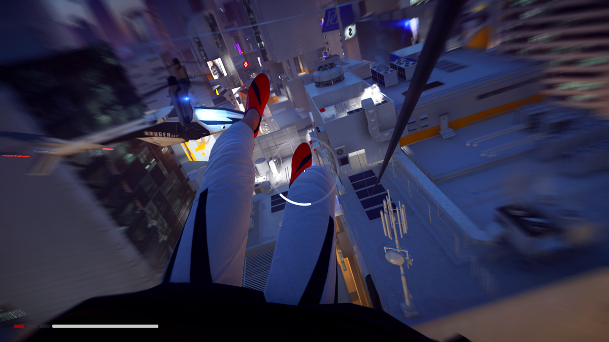 Mirror's Edge: Catalyst (Windows) screenshot: Zipline from one roof to another