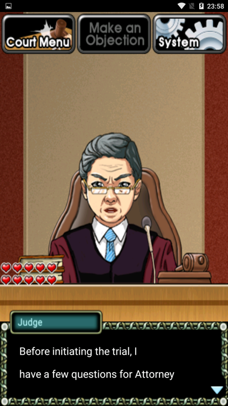 Beauty Lawyer Victoria 2 (Android) screenshot: The judge asks you some questions about the case to see if you're as good as you look.