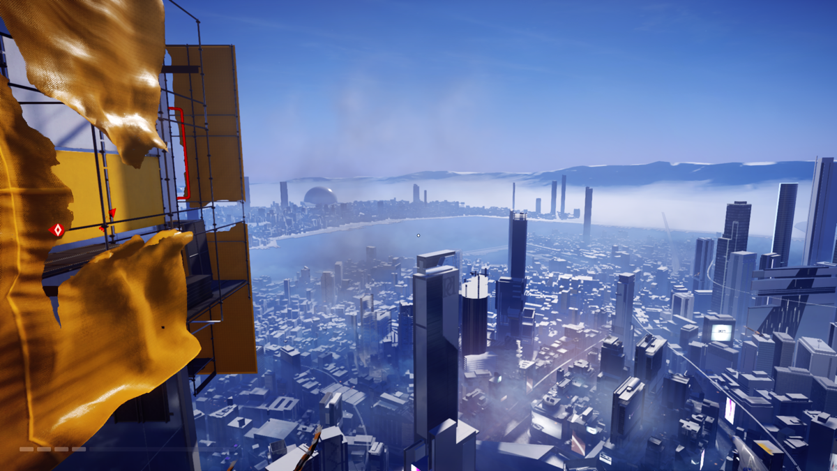 Mirror's Edge: Catalyst (Windows) screenshot: A view on the city from a skyscraper