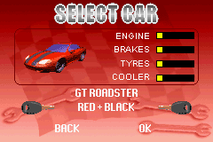 Demon Driver: Time to Burn Rubber! (Game Boy Advance) screenshot: Choose the kind of car you would like to use and what color combination you want for it