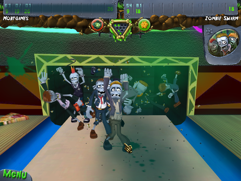 Zombie Bowl-O-Rama (Windows) screenshot: The honeycomb ball has bees that attack the zombies.