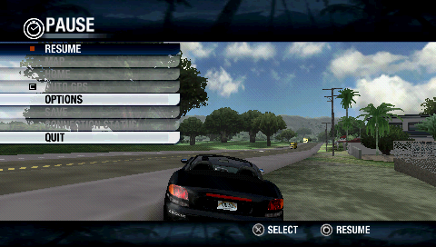 Test Drive Unlimited (PSP) screenshot: In-game menu