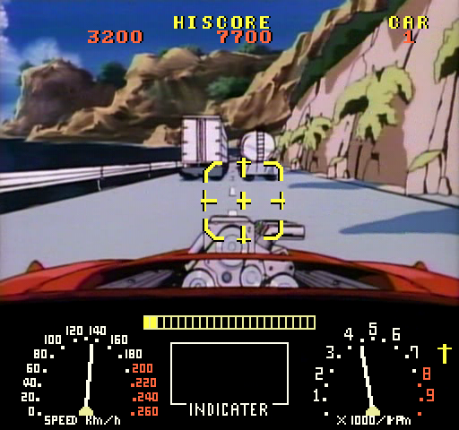 Road Blaster (Arcade) screenshot: Brake for the trucks