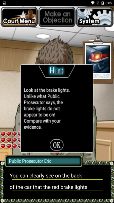 Beauty Lawyer Victoria 2 (Android) screenshot: The first episode gives you hints when you need to press someone or show evidence.