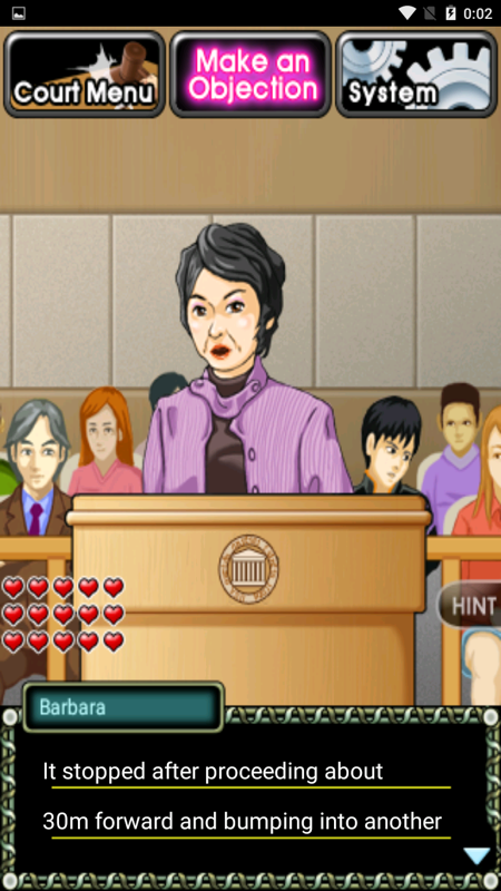 Beauty Lawyer Victoria 2 (Android) screenshot: When a witness is giving testimony, we have the option to make an objection or can go to the court menu to present evidence.