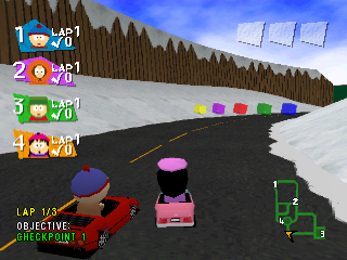 South Park Rally (PlayStation) screenshot: Wendy is trying to beat his boyfriend Stan