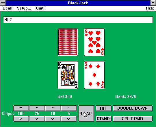 Black Jack (Windows 3.x) screenshot: All player interaction is made by clicking on the grey control s at the bottom of the screen