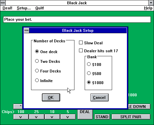 Black Jack (Windows 3.x) screenshot: The in-game configuration options