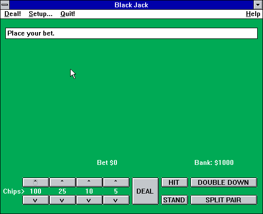 Black Jack (Windows 3.x) screenshot: The start of a game