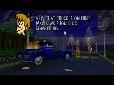 Scooby-Doo!: Classic Creep Capers (Nintendo 64) screenshot: Before getting to the destination, players complete a tutorial which involves extinguishing a fire.