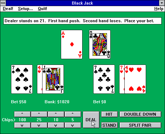 Black Jack (Windows 3.x) screenshot: Pairs can be split. <br>Some you win, some you lose