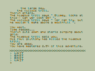 The Hobbit (TRS-80 CoCo) screenshot: Eaten by Trolls