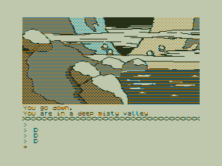 The Hobbit (TRS-80 CoCo) screenshot: A Deep Misty Mountain