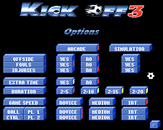 Kick Off 3 (Amiga) screenshot: Lots of options. Some of them are quite unique.