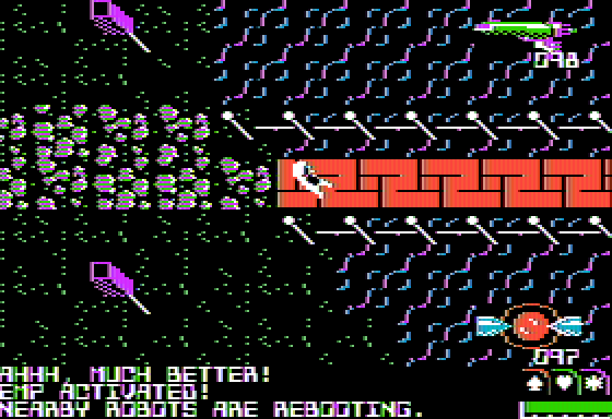 Attack of the Petscii Robots (Apple II) screenshot: Crossing a bridge