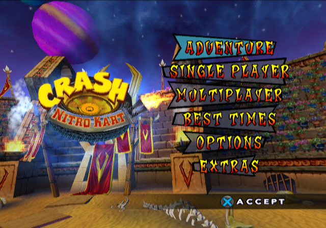 Crash Nitro Kart (PlayStation 2) screenshot: Main menu.