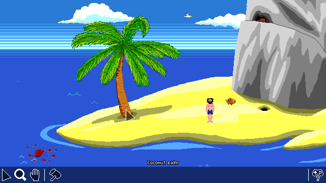 The misadventures of Jeffrey Jetsam. Shouldn't that be flotsam? No, trust me on this one. (Windows) screenshot: Jeffrey is stuck on a very small island with only some unfriendly animals and a skeleton for company.