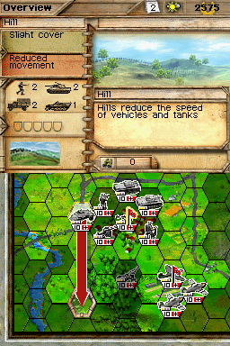 Panzer Tactics DS (Nintendo DS) screenshot: Hills reduce the speed of vehicles and tanks