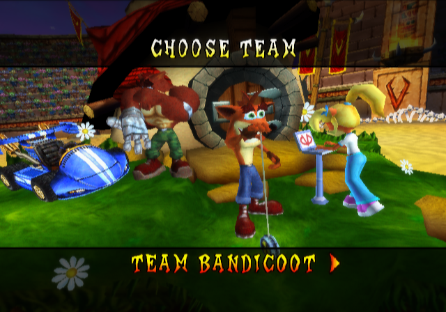 Crash Nitro Kart (PlayStation 2) screenshot: Choose your team in adventure mode: Team Bandicoot or Team Cortex.