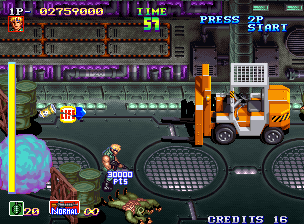 Shock Troopers (Arcade) screenshot: Let's ride in that pick-up. Make us get through the stage quicker