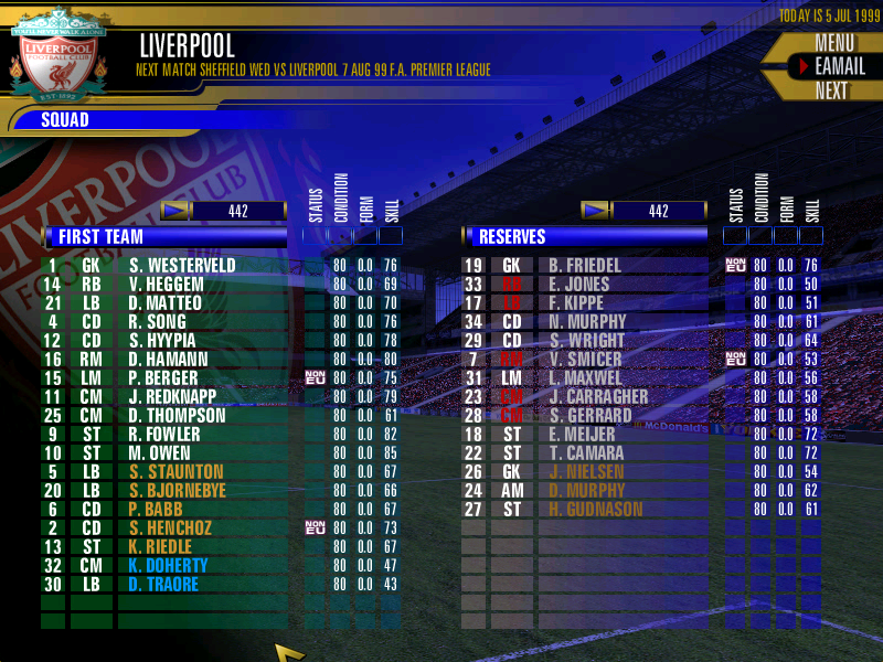 The F.A. Premier League Football Manager 2000 (Windows) screenshot: Starting squad - Gerrard and Carragher were just coming through at this time.