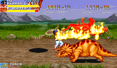 Cadillacs and Dinosaurs (Arcade) screenshot: Flaming velociraptors