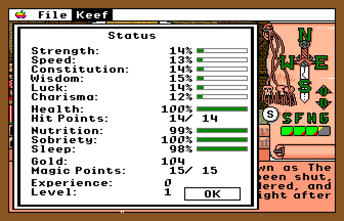 Keef the Thief: A Boy and His Lockpick (Apple IIgs) screenshot: Statistics