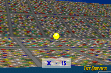 Power Serve 3D Tennis (PlayStation) screenshot: Almost in the center... Deserves a screenshot.